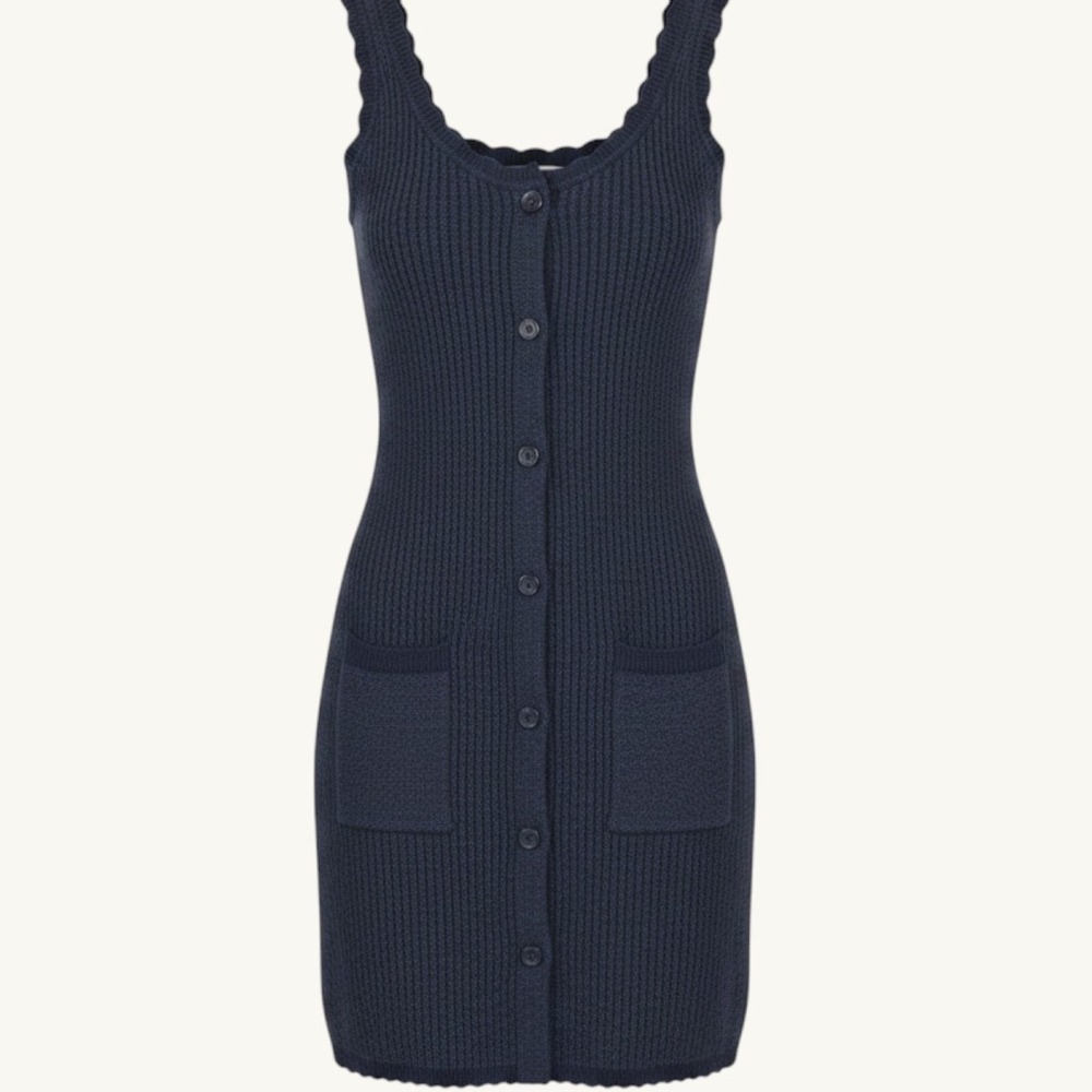 525 America Square Neck Shift Dress Dark Blue Cotton Knit Button Front Mini S